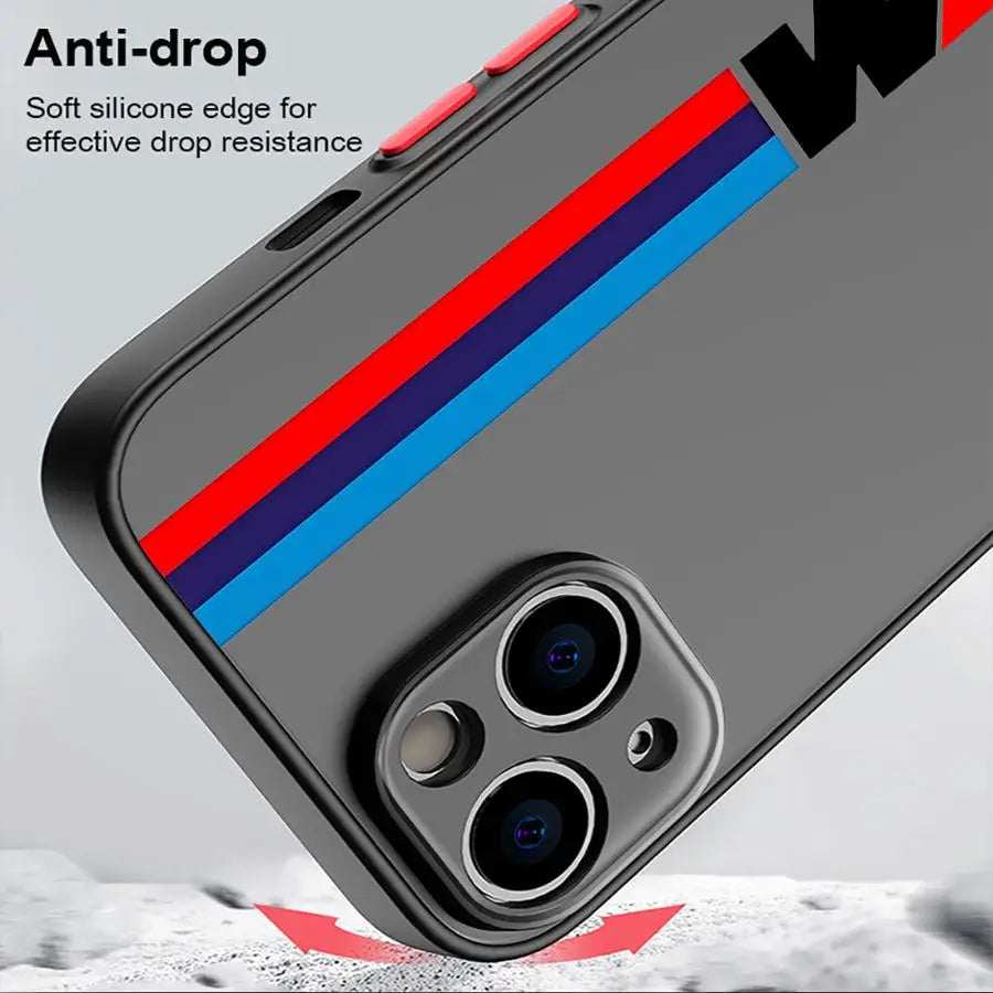 bon sens Red Blue Bars M Logo Phone Case for iPhone 16 Pro 11 12 Mini 13 14 Pro 15 Pro Max 7 8 Plus XR XS MAX Black Soft Edge Cover