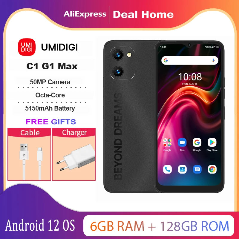 bon sens UMIDIGI C1&G1 Max Smartphone 6GB+128GB 5150mAh Telemoveis Unisoc T610 Octa-Core 50MP Camera Battery Dual SIM Portable Cellphone