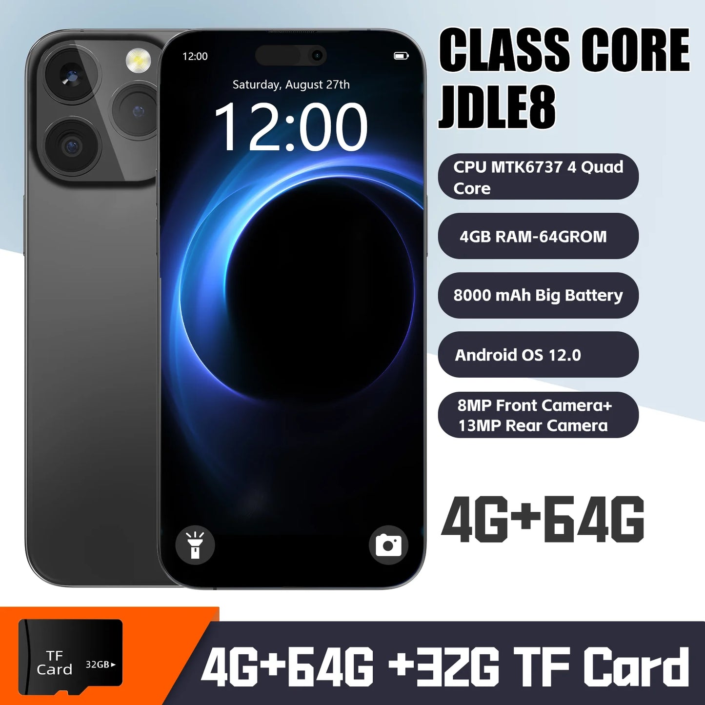 bon sens VERYHDSN JDLE8 Smartphone 7.0 Inch Android 12.0 Quad Core Cell Mobile Telephone HD 13MP Camera 8000mAh Battery Dual SIM Standby