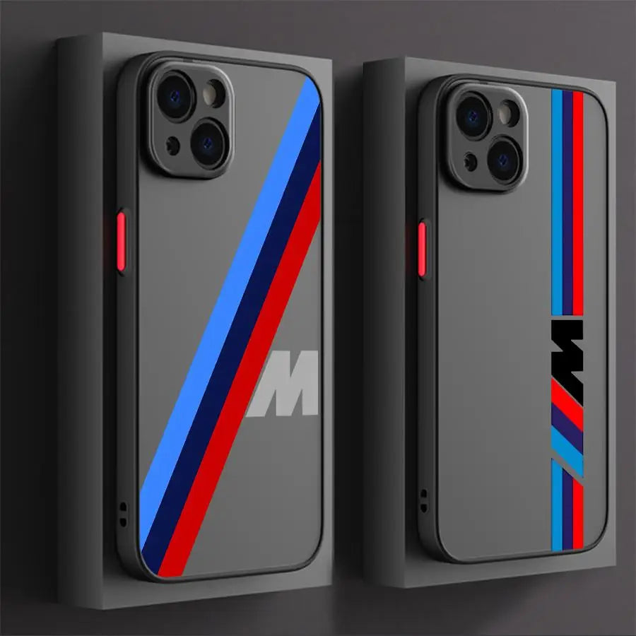 bon sens Red Blue Bars M Logo Phone Case for iPhone 16 Pro 11 12 Mini 13 14 Pro 15 Pro Max 7 8 Plus XR XS MAX Black Soft Edge Cover