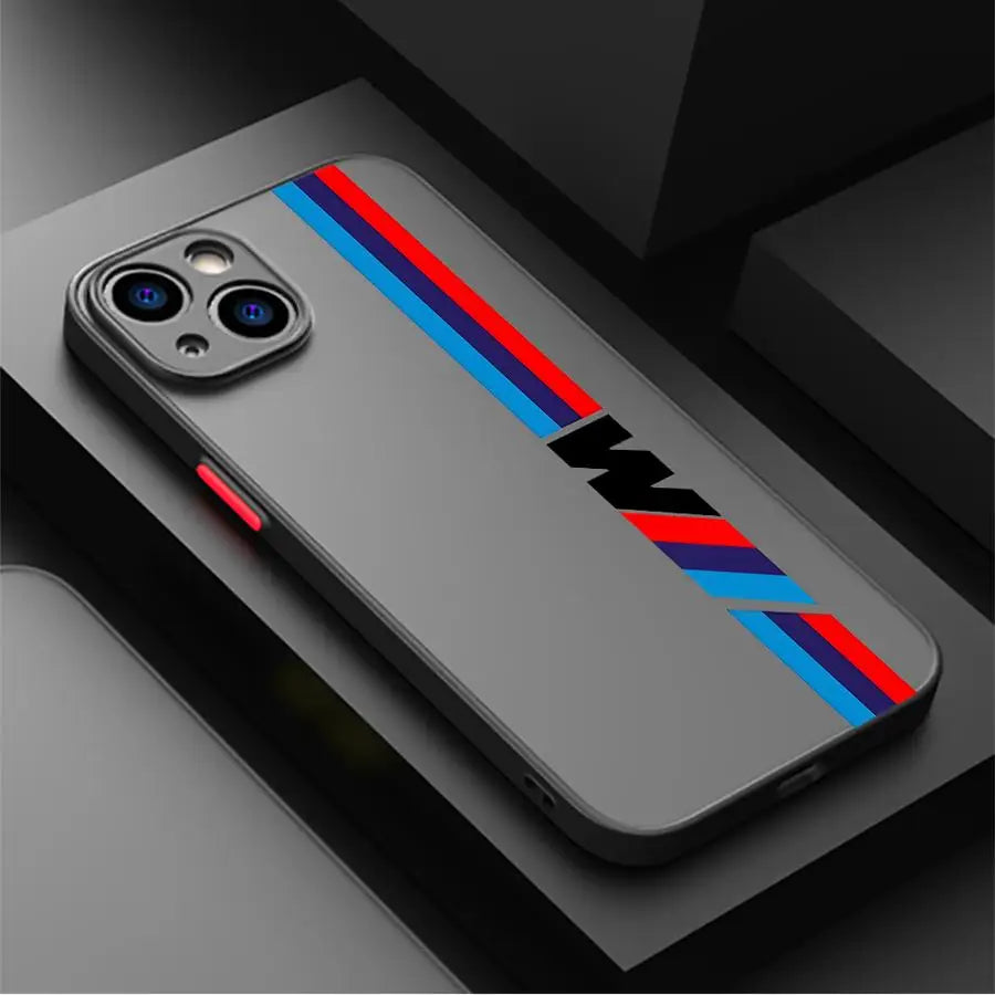 bon sens Red Blue Bars M Logo Phone Case for iPhone 16 Pro 11 12 Mini 13 14 Pro 15 Pro Max 7 8 Plus XR XS MAX Black Soft Edge Cover